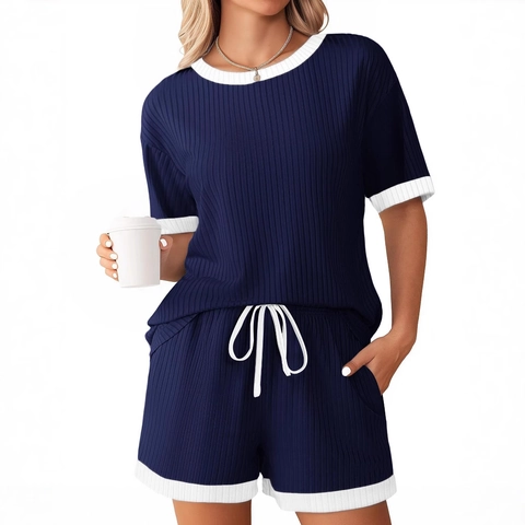 Women Cotton Blend Ribbed Pajama Set Contrast Binding Short Sleeve Top And Bottom Lounge Wear Sleepwear
