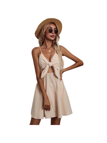 Women Spaghetti Strap Mini Dress Sweet Bow Tie Front Cut Out A-Line Summer Casual Vacation Sleeveless Backless Solid Color Sundress
