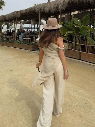 Conjunto De Moda Para Mujer Casual Estilo Resort De Algodón Y Lino Con Top Asimétrico De Un Hombro Y Pantalón Ancho Beige
