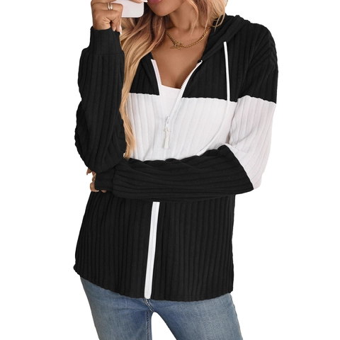 Women Color Block Ribbed Zip Up Hoodie Casual Hooded Cardigan Long Sleeve Patchwork Ribbed Knit Sweatshirt Jacket Top