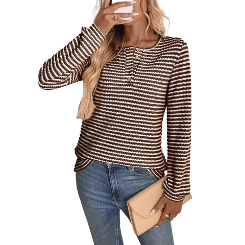 Women Casual Striped Long Sleeve Henley Shirt Waffle Knit Round Neck Button Down Top Loose Soft Pullover Tee Sweater