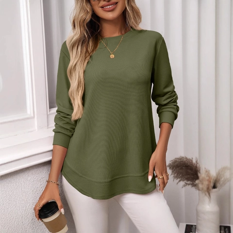 Women's Waffle Knit Long Sleeve T-Shirt Casual Round Neck Curved Hem Loose Fit Pullover Top Fashion Streetwear Blouse
