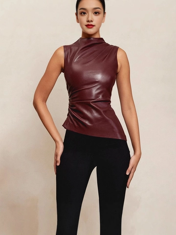 Women Sleeveless High Neck PU Leather Top Sexy Ruched Slim Fit Asymmetric Hem Party Tank Top Casual Streetwear Solid Color