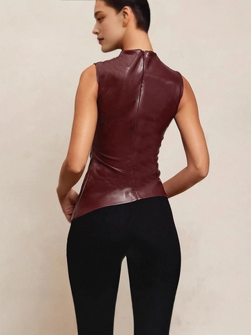 Women Sleeveless High Neck PU Leather Top Sexy Ruched Slim Fit Asymmetric Hem Party Tank Top Casual Streetwear Solid Color