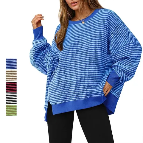 Women Striped Waffle Knit Sweatshirt Loose Drop Shoulder Side Slit Long Sleeve Round Neck Pullover Top Casual Daily Knitwear