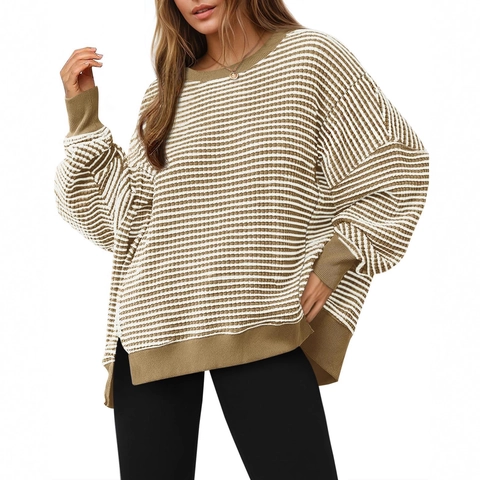Women Striped Waffle Knit Sweatshirt Loose Drop Shoulder Side Slit Long Sleeve Round Neck Pullover Top Casual Daily Knitwear