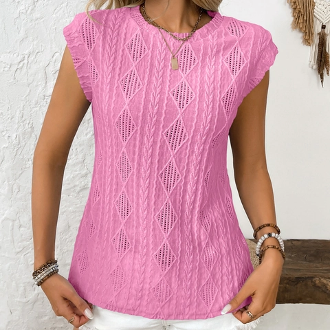 Women Summer Casual Hollow Out Knit Top Round Neck Jacquard Cap Sleeve Loose T-Shirt Solid Color Bohemian Crochet Vest