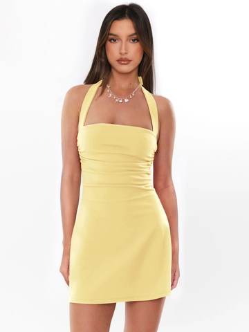 Vestido Mini Ajustado Sexy Cuello Halter Espalda Descubierta Fruncido Sin Mangas Color Sólido Atado Verano Clubwear Fiesta Outfits