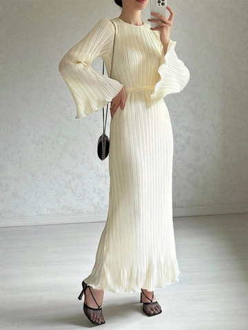 Women Elegant Pleated Maxi Dress Flare Sleeve Round Neck Solid Color Polyester Long Sleeve Party Dress With Belt