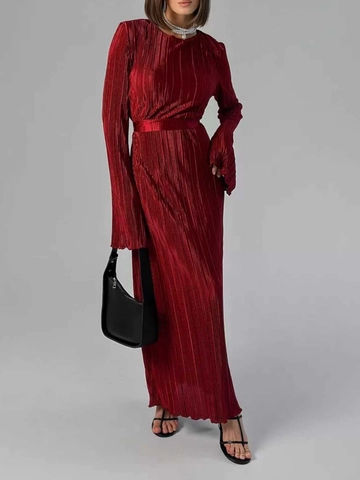 Women Elegant Pleated Maxi Dress Flare Sleeve Round Neck Solid Color Polyester Long Sleeve Party Dress With Belt