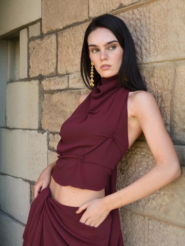 Top Sexy para Mujer con Cuello Halter y Lazada Color Sólido Plisado Espalda al Aire Elegante Crop Top sin Mangas para Verano