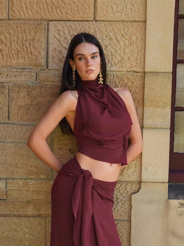 Top Sexy para Mujer con Cuello Halter y Lazada Color Sólido Plisado Espalda al Aire Elegante Crop Top sin Mangas para Verano