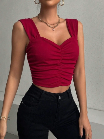 Canotta a Costine con Scollo a V Arricciata Sexy da Donna Top Corto Aderente Senza Maniche Rosso Vino Estate Basic