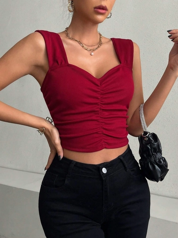 Canotta a Costine con Scollo a V Arricciata Sexy da Donna Top Corto Aderente Senza Maniche Rosso Vino Estate Basic