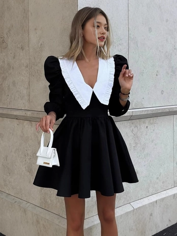 Franse Vintage Contrast Peter Pan Kraag Mini Jurk Elegant Zwart Wit Pof Lange Mouw A-Lijn Korte Jurk Voor Dames