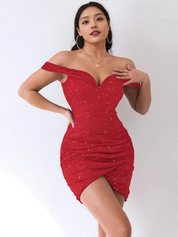 Damen Sexy Schulterfreies Pailletten Gerafftes Minikleid Glitzer Körperbetont V Ausschnitt Party Abend Clubwear Kleid