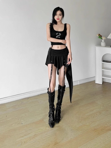 Gothic Irregular Hem Ruched Mini Skirt For Women Sexy Solid Black Streetwear Skirt With Drawstring Bead Decoration