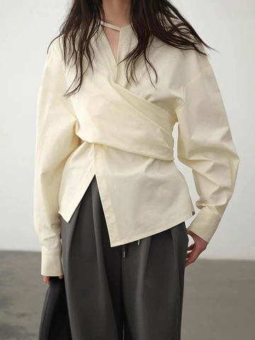 Women French Minimalist Wrap Blouse Deconstructed Asymmetric Waist Tie Top Beige Cotton Blend Long Sleeve Casual Shirt