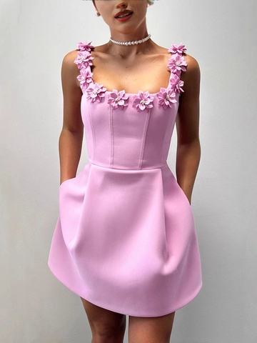 Damen Elegant 3D Blumendekoration Minikleid Ärmellos A-Linie Party Kurzes Kleid Mit Taschen Polyester Baumwolle Mischung