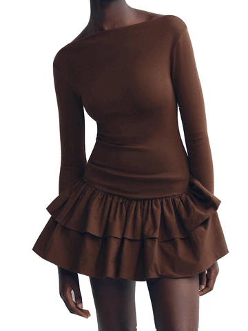 Women Elegant Slim Fit Long Sleeve Mini Dress With Ruffle Hem Solid Color Knitted Bodycon Dress For Party Daily