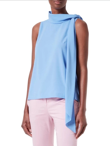 Blusa de Gasa sin Mangas Elegante para Mujer Cuello Alto Color Sólido Bufanda con Lazo Asimétrico Holgado Trabajo Oficina Verano