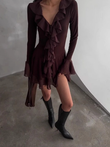 Vestido Corto Sexy para Mujer con Cuello en V Profundo y Volantes Elegante Manga Acampanada Patchwork Ajustado Color Sólido para Fiesta