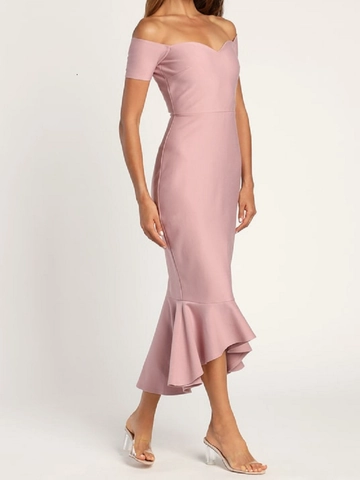 Abito Midi a Sirena Elegante da Donna Spalle Scoperte Tinta Unita Slim Fit Bodycon Scollo a Cuore Manica Corta per Festa