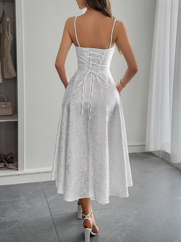 Elegant Jacquard Spaghetti Strap Maxi Dress For Women Sweetheart Neckline Backless Lace-up A-line French Style Party Dress