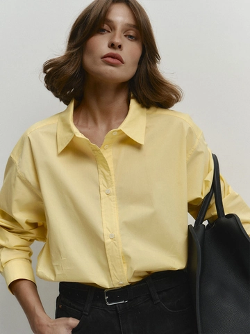 Damen Hellgelb Baumwolle Langarmhemd Lockerer Sitz Casual Pendler Polo Kragen Knopfleiste Bluse Top