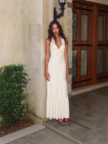 Elegante Abito Maxi da Donna Halter Scollo a V Profondo Schiena Scoperta Gonna a Balze Senza Maniche Nodo Davanti Abito da Festa