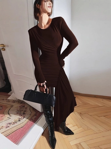 Women Ruched Asymmetrical Hem Long Sleeve Bodycon Dress Sexy Round Neck Padded Shoulder Elegant Party Evening Midi Dress