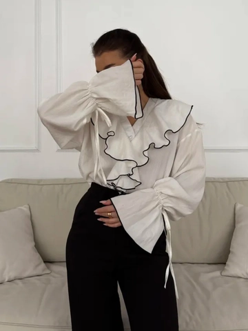 Französischer Stil Rüschen V-Ausschnitt Bluse Kontrastpaspel Ausgestellte Ärmel Knöpfe Elegant Lässig Weißes Damen Hemd