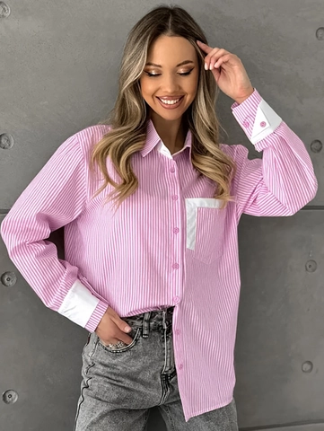 Damen Polyester Rosa Weiß Gestreiftes Hemd Kontrast Weißer Kragen Manschetten Oversized Button Down Langarm Lässige Bluse