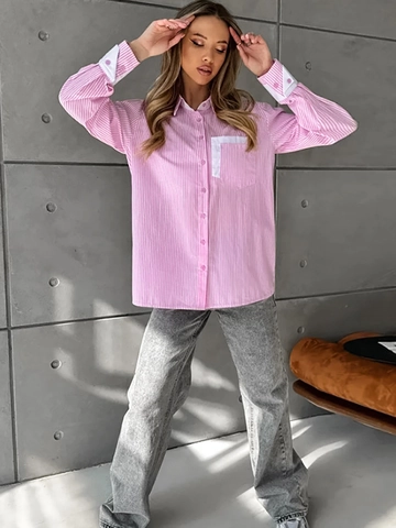 Damen Polyester Rosa Weiß Gestreiftes Hemd Kontrast Weißer Kragen Manschetten Oversized Button Down Langarm Lässige Bluse