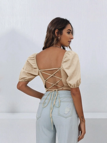 Camiseta de Mujer Cuello Cuadrado Manga Abullonada Espalda al Aire con Cordones Color Sólido Top Corto Entallado Casual 100% Algodón