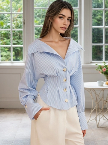 Camicia da Donna Elegante a Righe Blu Manica Lunga con Pieghe in Vita e Colletto Blusa Stile Francese Top in Cotone