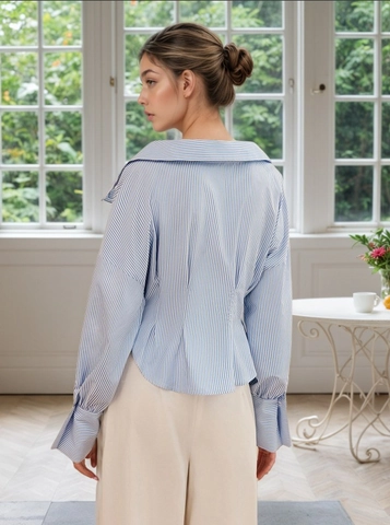 Camicia da Donna Elegante a Righe Blu Manica Lunga con Pieghe in Vita e Colletto Blusa Stile Francese Top in Cotone