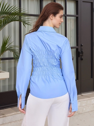 Elegante Camicetta da Donna Con Vita a Punto Smock Manica Lunga Revers Monopetto Tinta Unita Misto Poliestere Rayon Slim Fit