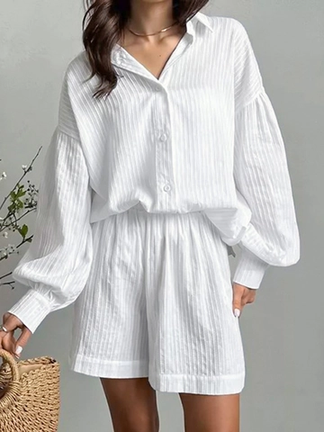 Completo Donna Due Pezzi in Cotone Camicia Con Maniche a Lanterna E Pantaloncini Casual Elegante Texture Bianco per Vacanze
