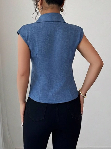Damen Casual Blau Ärmellos Revers Bluse Knoten Vorne Knopfleiste Slim Fit Sommer Hemd Büro Dame Pendler Top