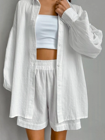 Completo Donna Due Pezzi in Cotone Camicia Con Maniche a Lanterna E Pantaloncini Casual Elegante Texture Bianco per Vacanze