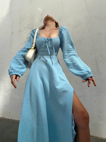 Women Vintage Square Neck Cotton Crinkled Midi Dress Lantern Sleeve Drawstring Split Hem Elegant French Style Solid Color Robe