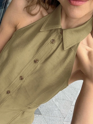 Haut Dos Nu à Revers Sans Manches Femmes Coupe Ajustée Dos Nu Boutonnage Simple Vert Olive Décontracté Tank Top