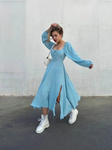 Women Vintage Square Neck Cotton Crinkled Midi Dress Lantern Sleeve Drawstring Split Hem Elegant French Style Solid Color Robe