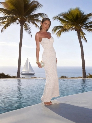 Damen Sexy Spitze Trägerlos Maxikleid Elegant Eng Ärmellos Abendkleid Blumen Spleißen Bankett Party Langes Kleid
