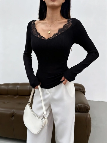 Damen Elegant V-Ausschnitt Spitze Rippen T-Shirt Langarm Schlanke Passform Herbst Einfarbig Patchwork Sexy Unterhemd Top