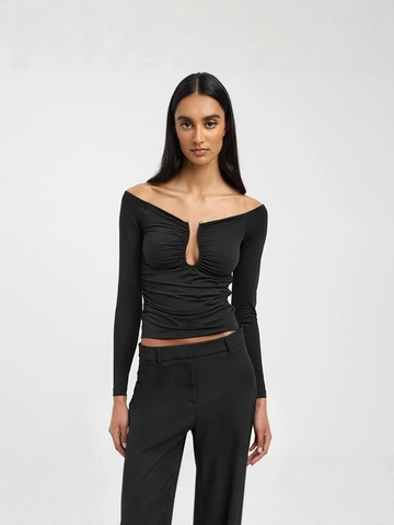 Sexy Off-the-Shoulder Long Sleeve T-Shirt Women Ruched U-Neck Cutout Slim Fit Crop Top Solid Color Polyester Tee Shirt