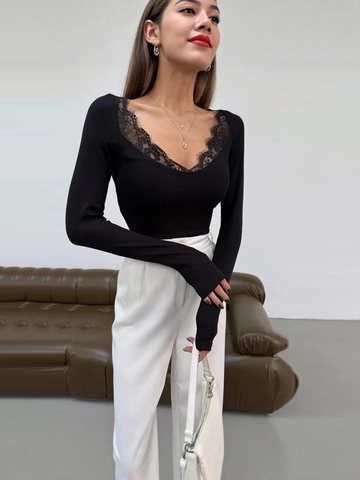 Damen Elegant V-Ausschnitt Spitze Rippen T-Shirt Langarm Schlanke Passform Herbst Einfarbig Patchwork Sexy Unterhemd Top
