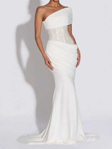 Elegante Abito da Sera Monospalla con Paillettes Drappeggiato a Sirena Maxi Abito Schiena Scoperta al Pavimento Cerimonia