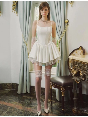 Abito Mini Corsetto Bianco Vintage Francese Patchwork in Pizzo Linea A Gonna Gonfia Vestito Corto Donna Stile Balletcore Party